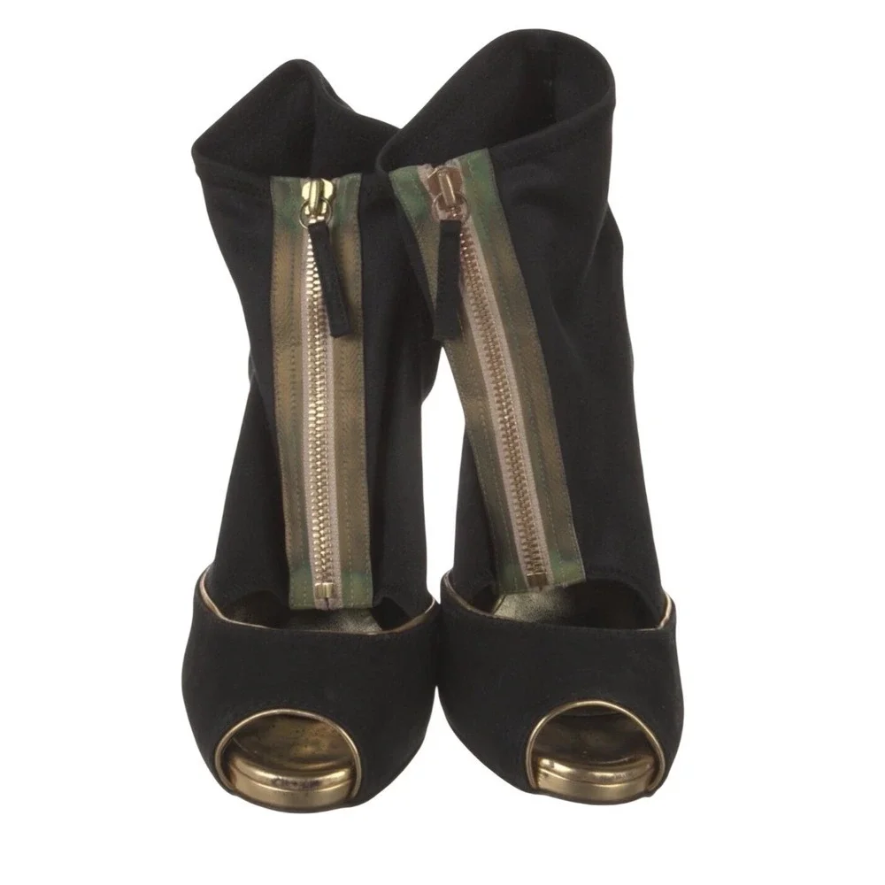 Stella McCartney Suede Pumps Black Peep Toe Stiletto Booties Gold‎ Heel size 7